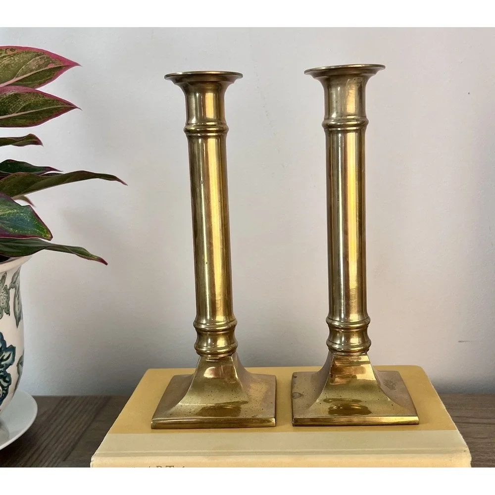 Solid Brass Candlestick Holders Pair Square Base 8.5 In